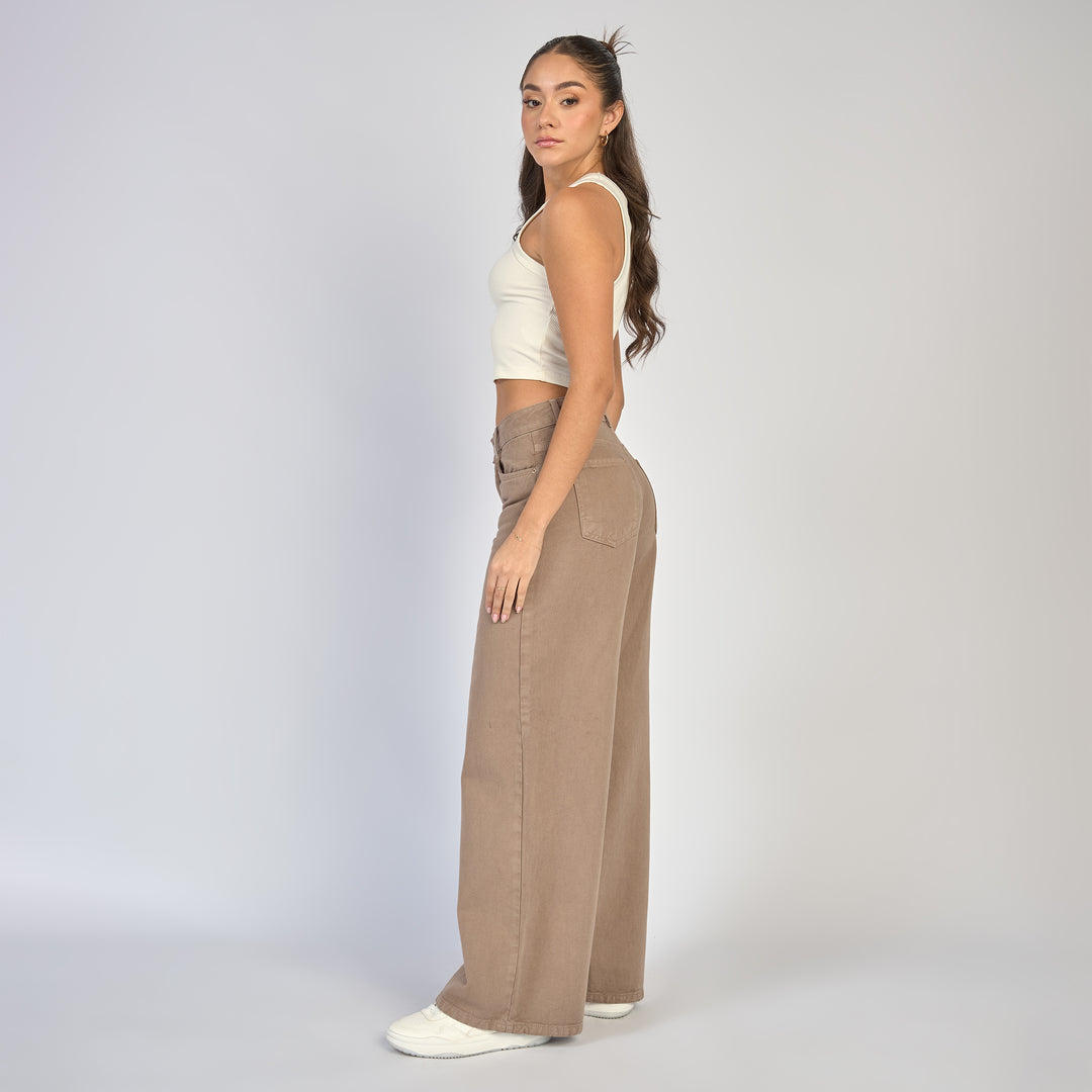 Ref: 552874 Jean dama wide leg tiro alto rígido. color Almendra