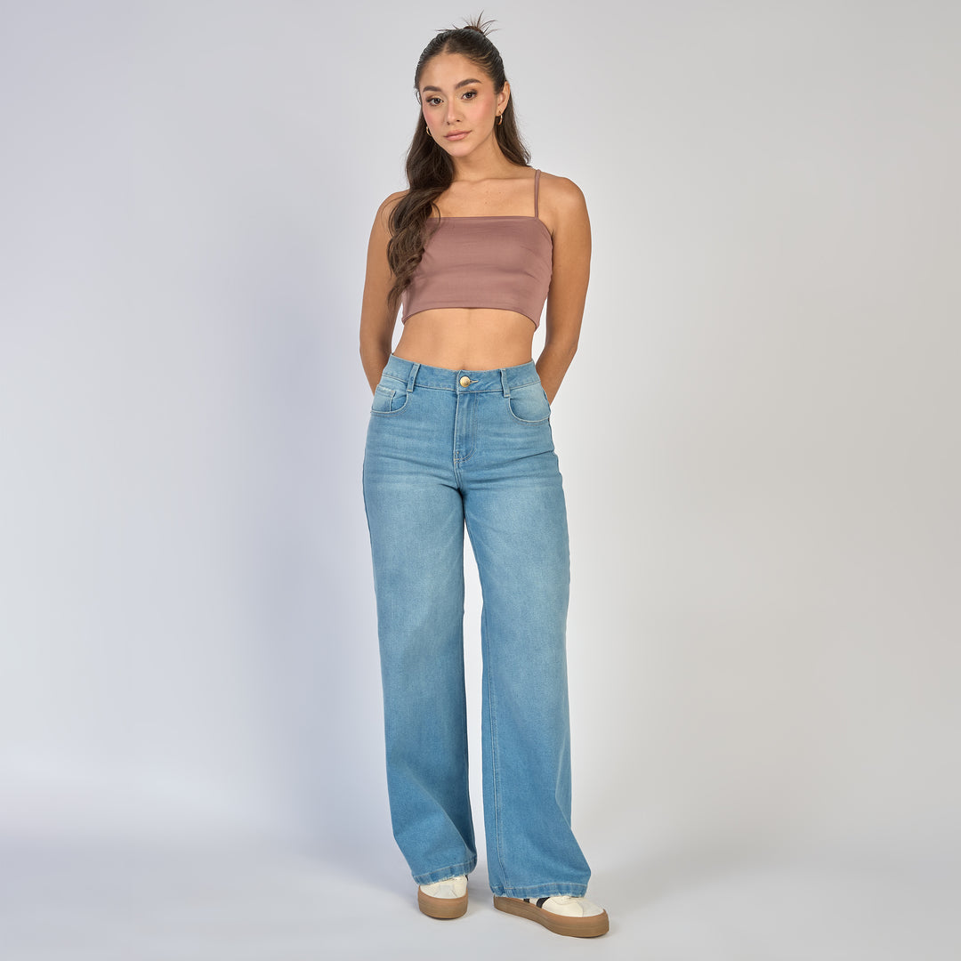 Ref: 552854 Jean wide leg tiro alto licrado con bolsillos de tapa color azul claro
