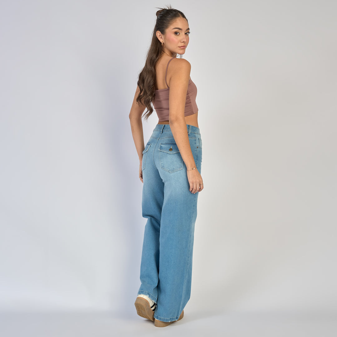 Ref: 552854 Jean wide leg tiro alto licrado con bolsillos de tapa color azul claro