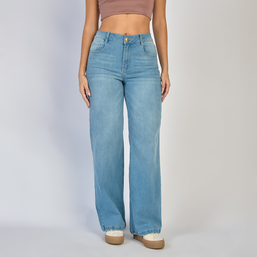 Ref: 552854 Jean wide leg tiro alto licrado con bolsillos de tapa color azul claro