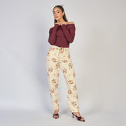 REF: 552866 Jean dama mom fit tiro alto rígido con estampado floral, color Crudo