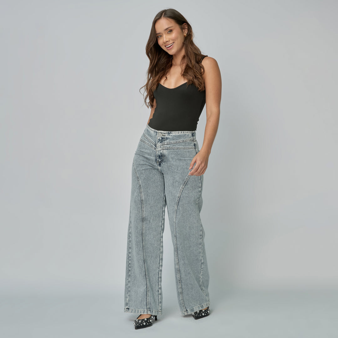 Ref: 552889 Jean dama Wide Leg tiro alto rígido sin pretina, color Azul claro