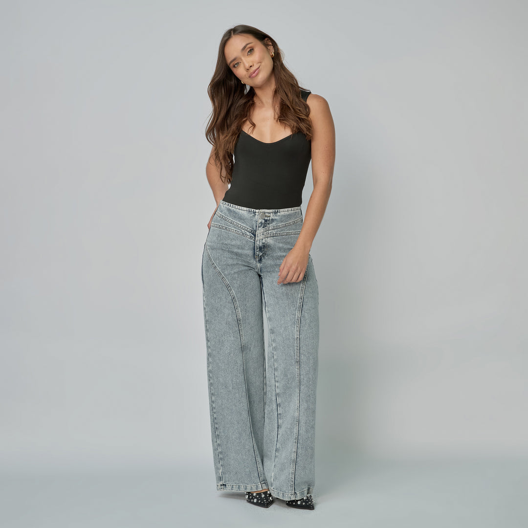 Ref: 552889 Jean dama Wide Leg tiro alto rígido sin pretina, color Azul claro