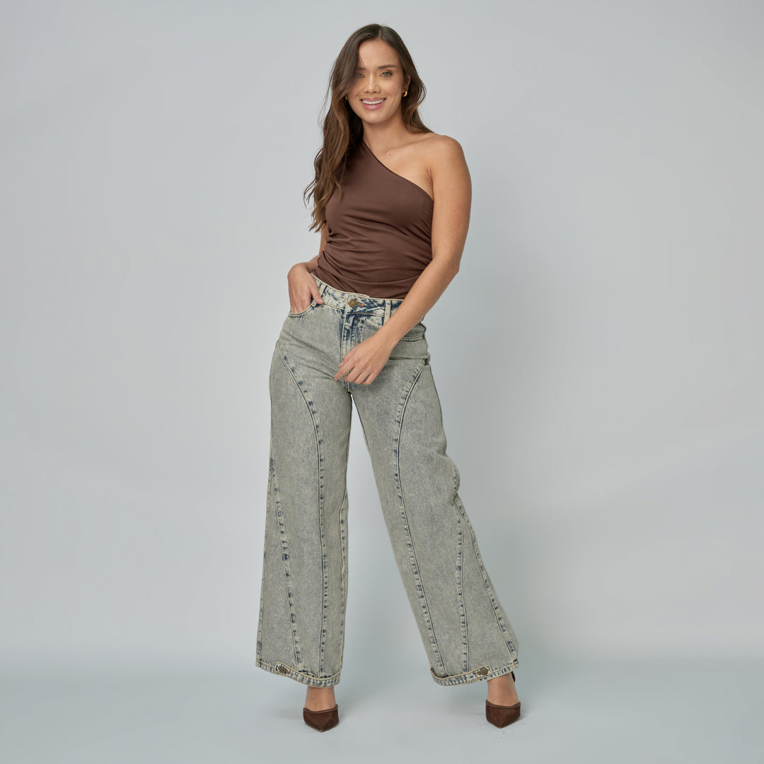 Ref: 552886 Jean dama Wide Leg tiro alto rígido, color Azul Dirty