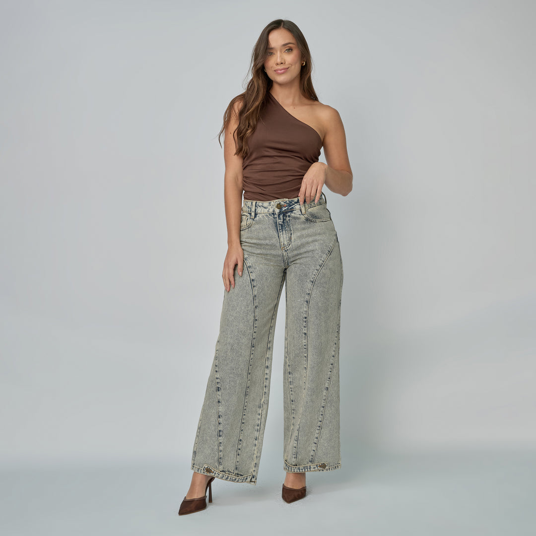 Ref: 552886 Jean dama Wide Leg tiro alto rígido, color Azul Dirty