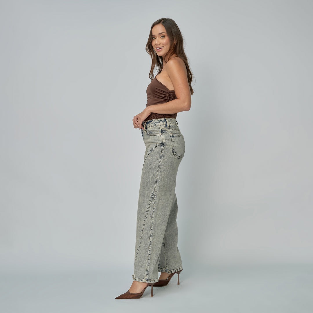Ref: 552886 Jean dama Wide Leg tiro alto rígido, color Azul Dirty