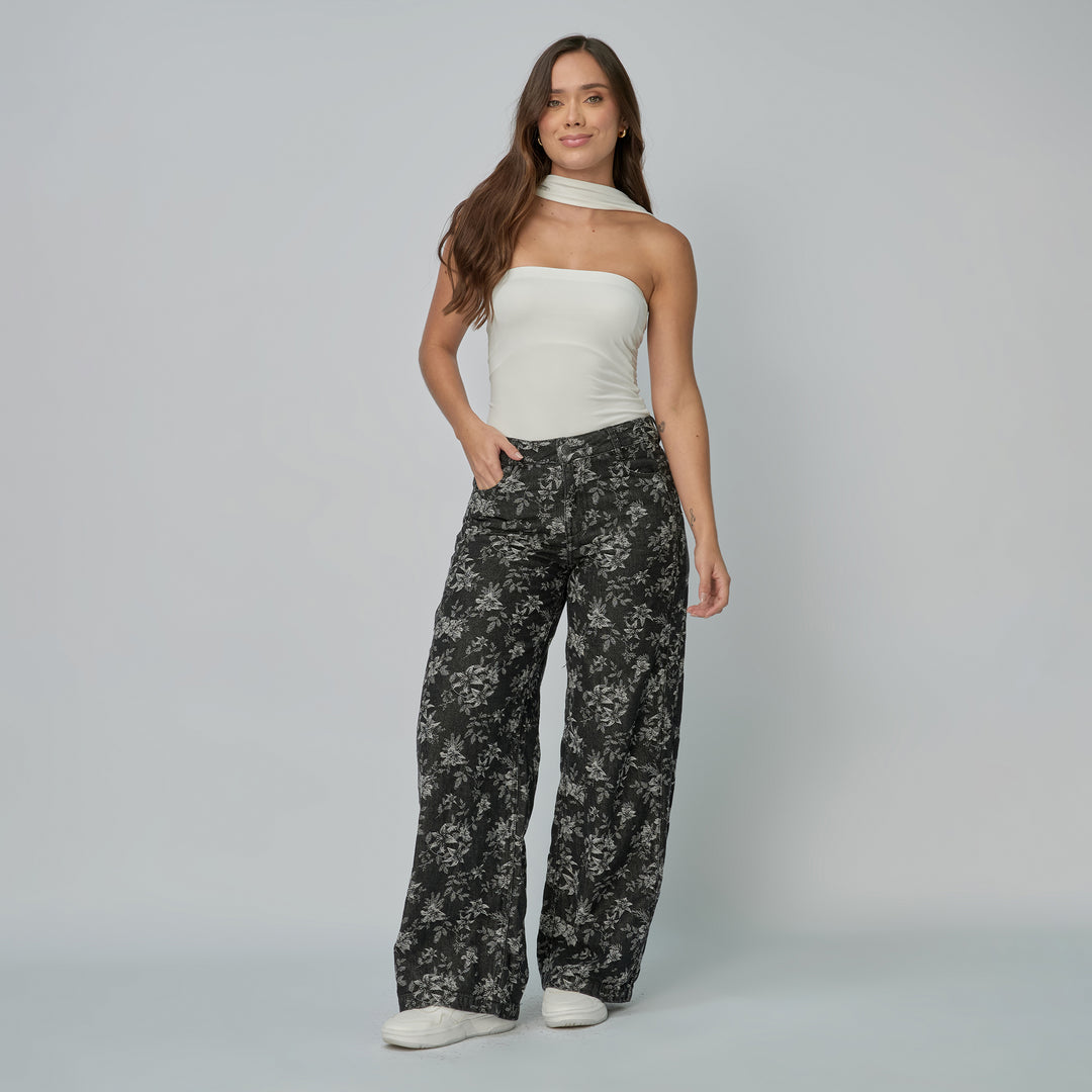 Ref: 552939 Jean dama wide leg tiro alto rígido con flores bordadas, color gris oscuro