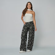 Ref: 552939 Jean dama wide leg tiro alto rígido con flores bordadas, color gris oscuro