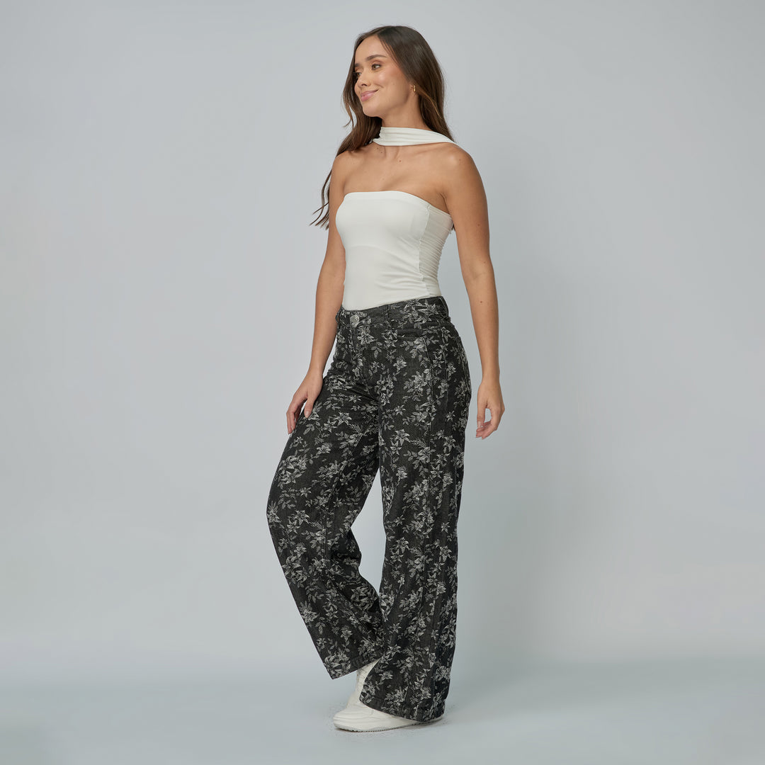 Ref: 552939 Jean dama wide leg tiro alto rígido con flores bordadas, color gris oscuro