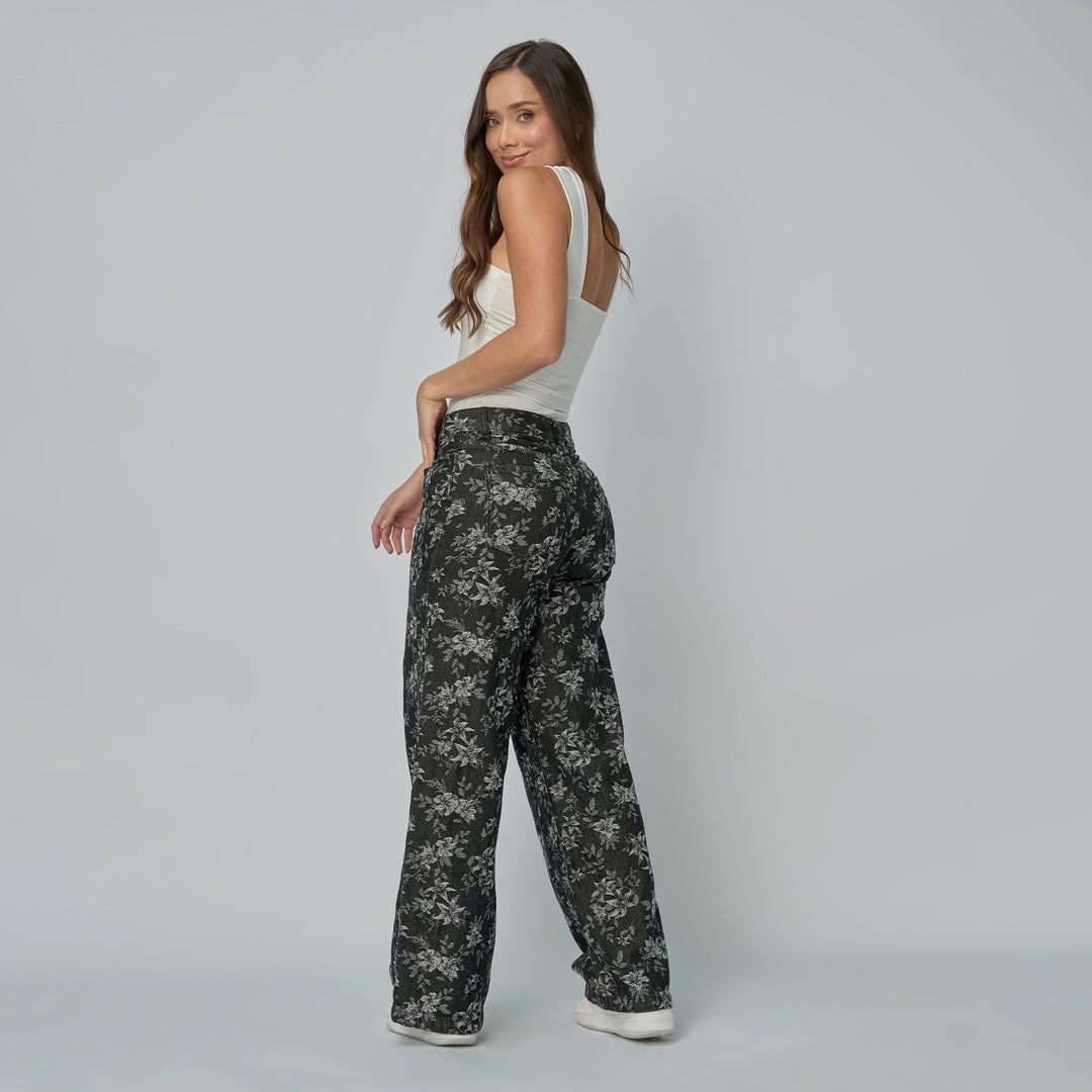 Ref: 552939 Jean dama wide leg tiro alto rígido con flores bordadas, color gris oscuro