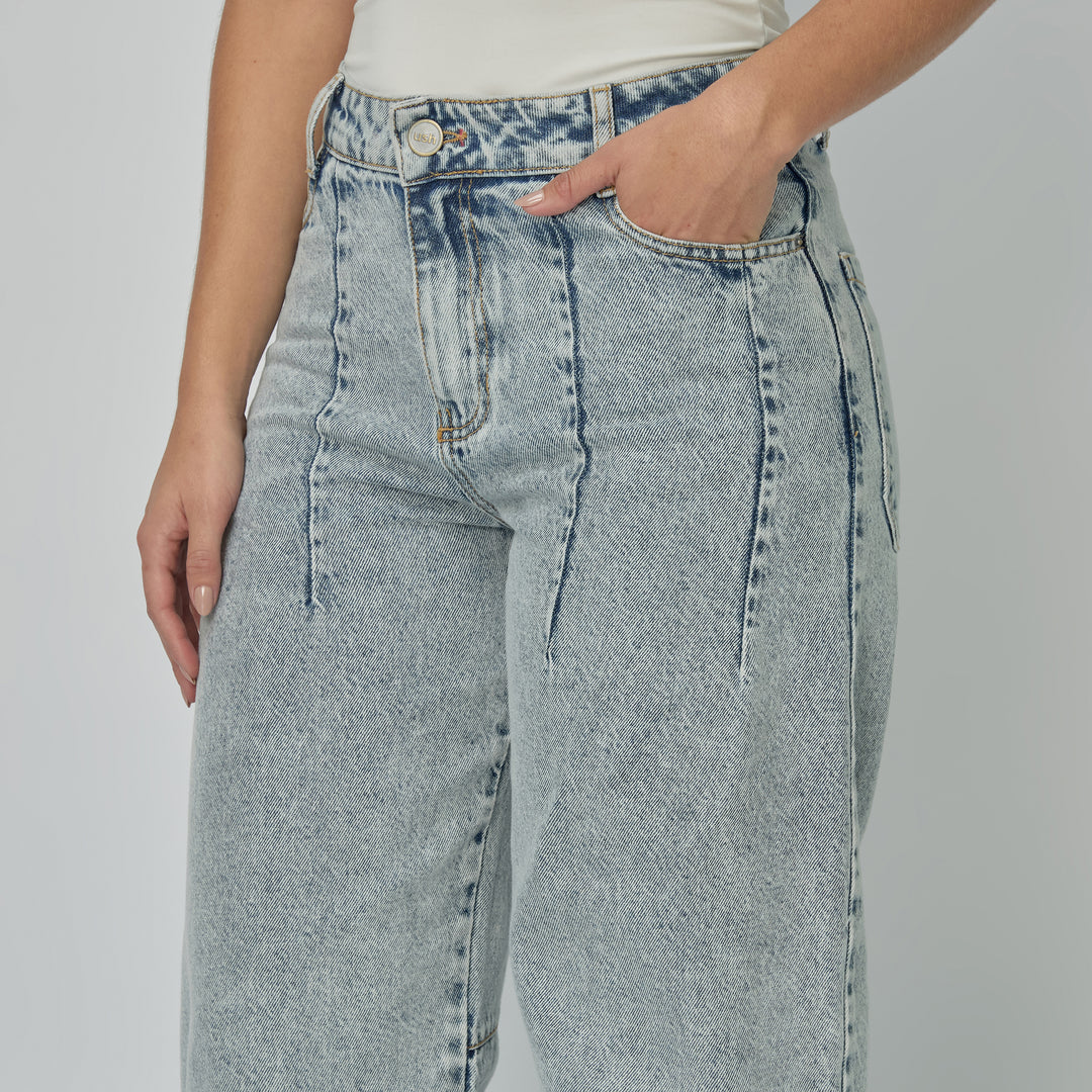 REF: 552890 Jean dama Barrel Straight rígido con detalle de costuras, color Azul claro