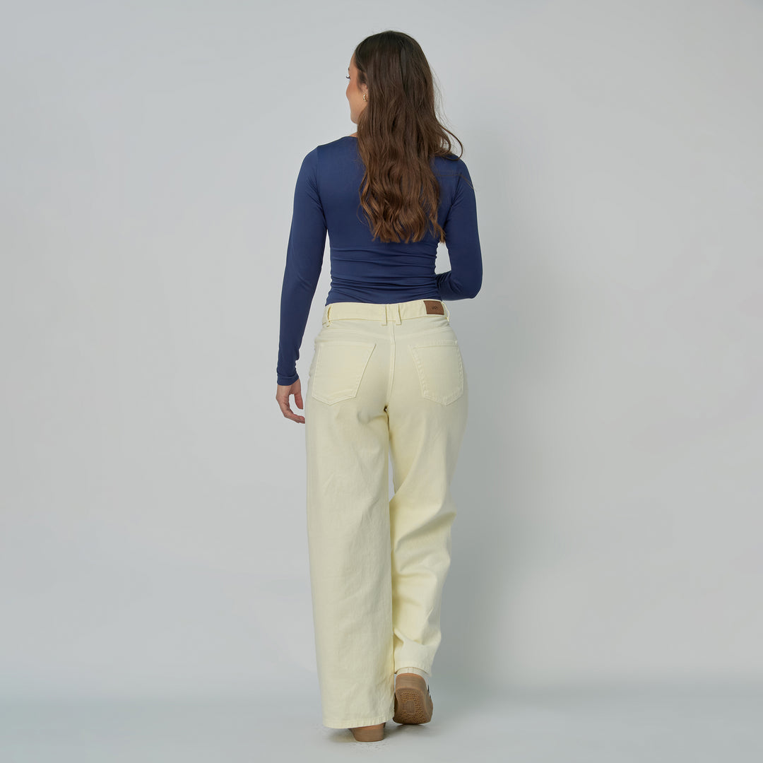 Ref: 552881 Jean dama Wide Leg tiro alto rígido con pretina asimétrica, color Amarillo