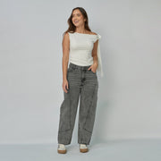REF: 552892 Jean dama Barrel Straight rígido con costuras diagonales, color Gris claro