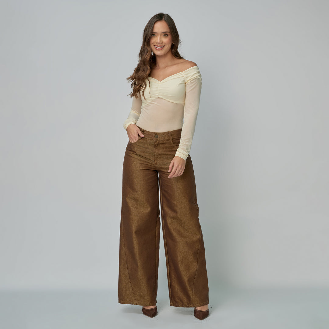 Ref: 552917 Jean dama Wide Leg tiro alto rígido tela brillante, color Café