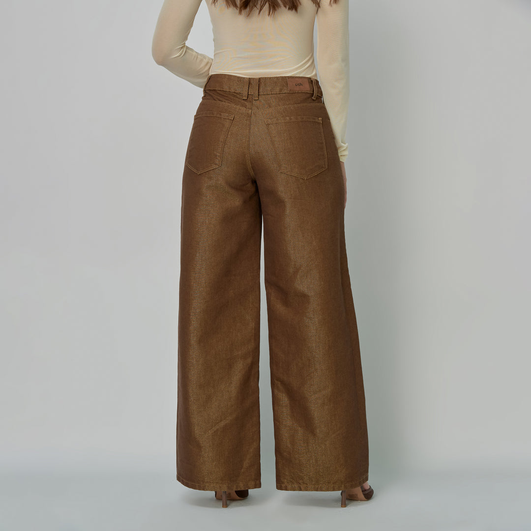 Ref: 552917 Jean dama Wide Leg tiro alto rígido tela brillante, color Café