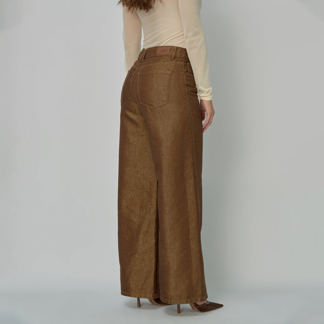 Ref: 552917 Jean dama Wide Leg tiro alto rígido tela brillante, color Café