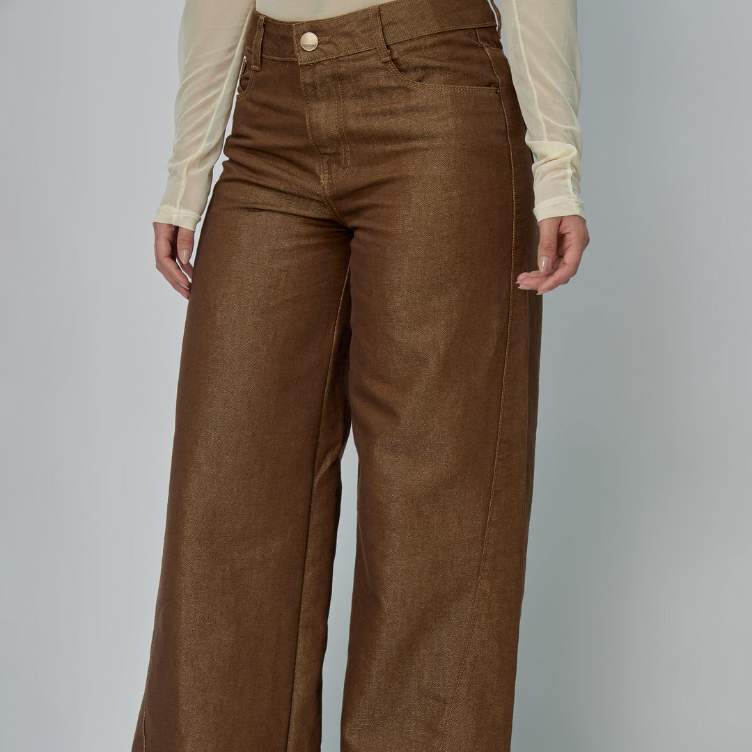 Ref: 552917 Jean dama Wide Leg tiro alto rígido tela brillante, color Café