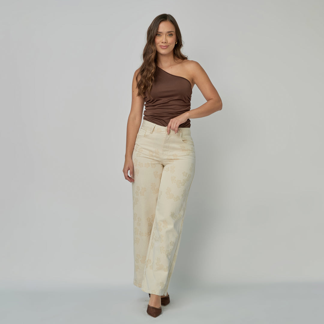Ref: 552898 Jean dama Wide Leg tiro alto rígido con flores bordadas, color Ivory