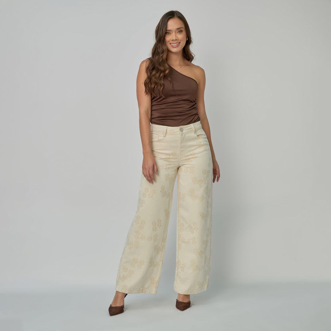 Ref: 552898 Jean dama Wide Leg tiro alto rígido con flores bordadas, color Ivory
