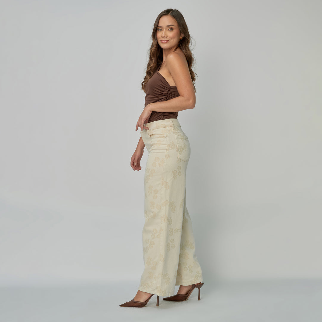 Ref: 552898 Jean dama Wide Leg tiro alto rígido con flores bordadas, color Ivory