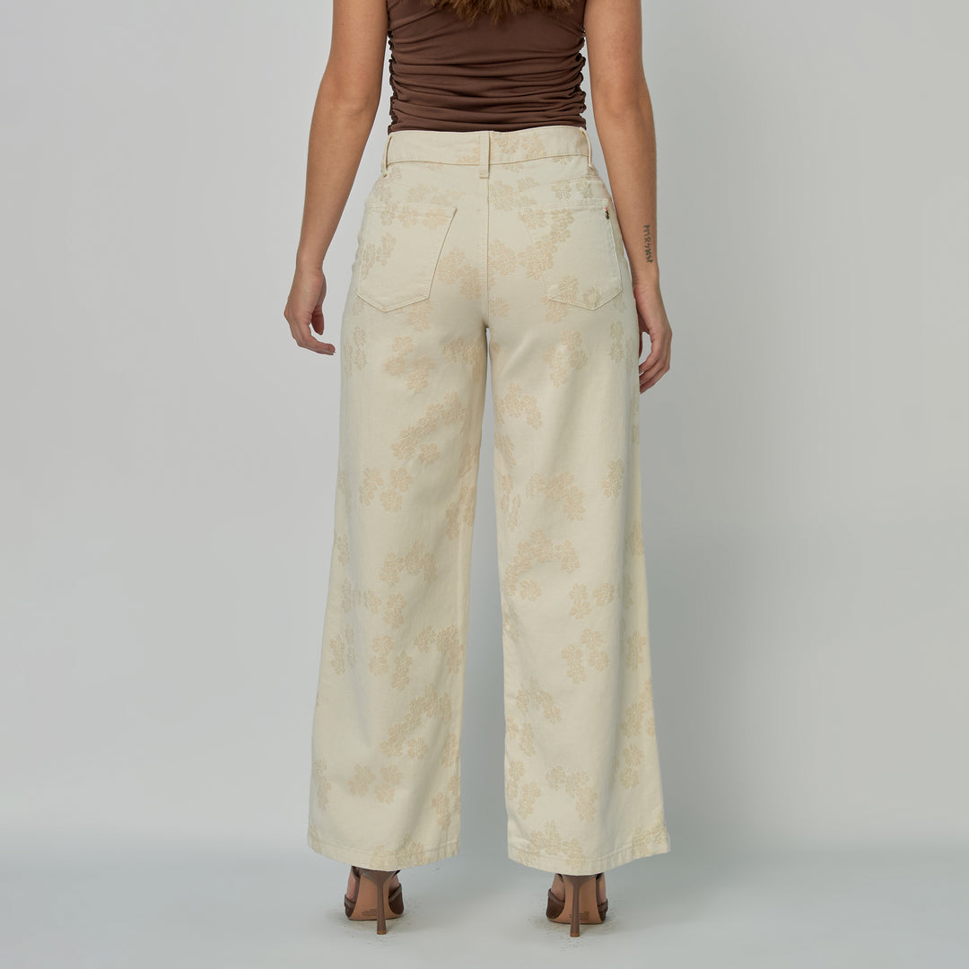 Ref: 552898 Jean dama Wide Leg tiro alto rígido con flores bordadas, color Ivory