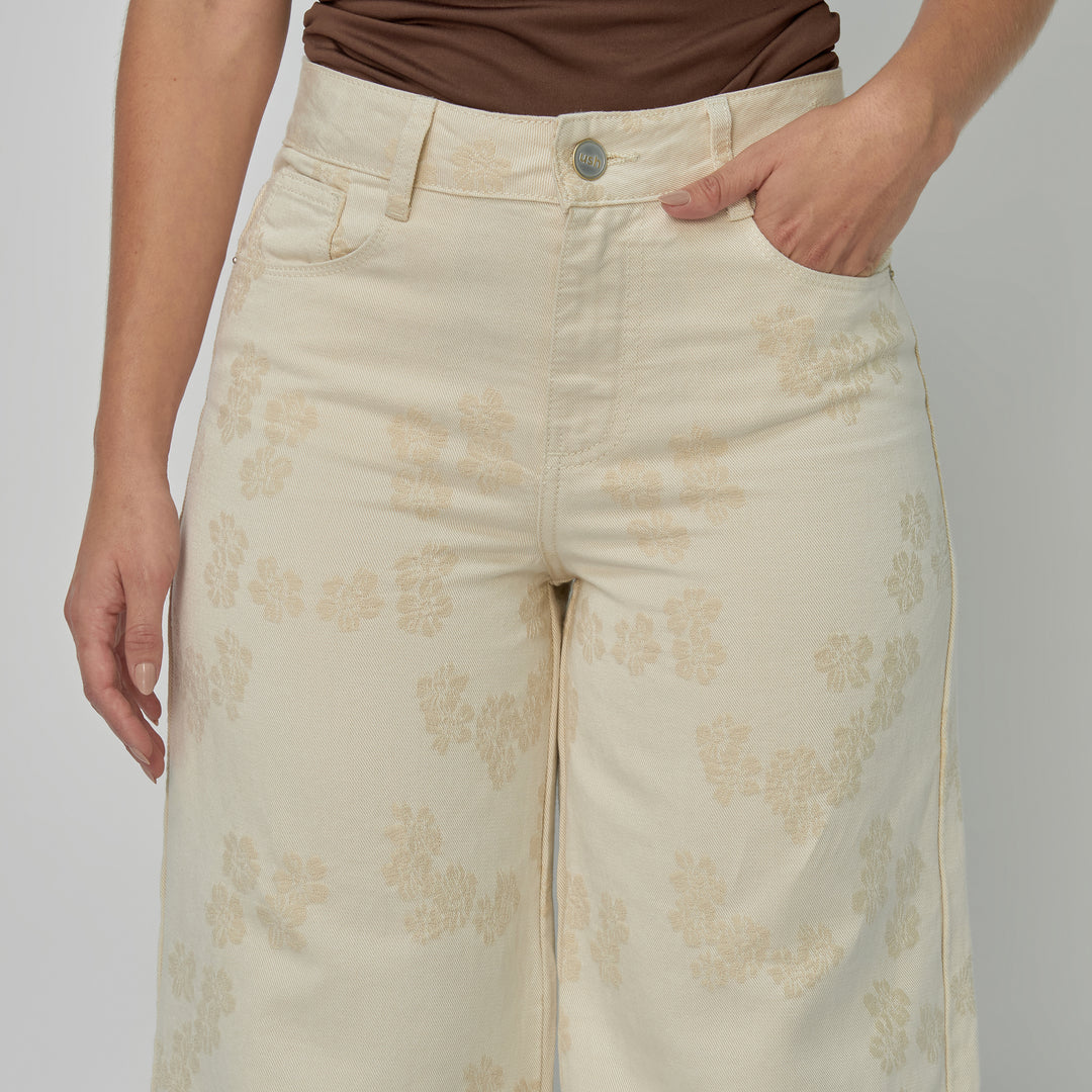 Ref: 552898 Jean dama Wide Leg tiro alto rígido con flores bordadas, color Ivory