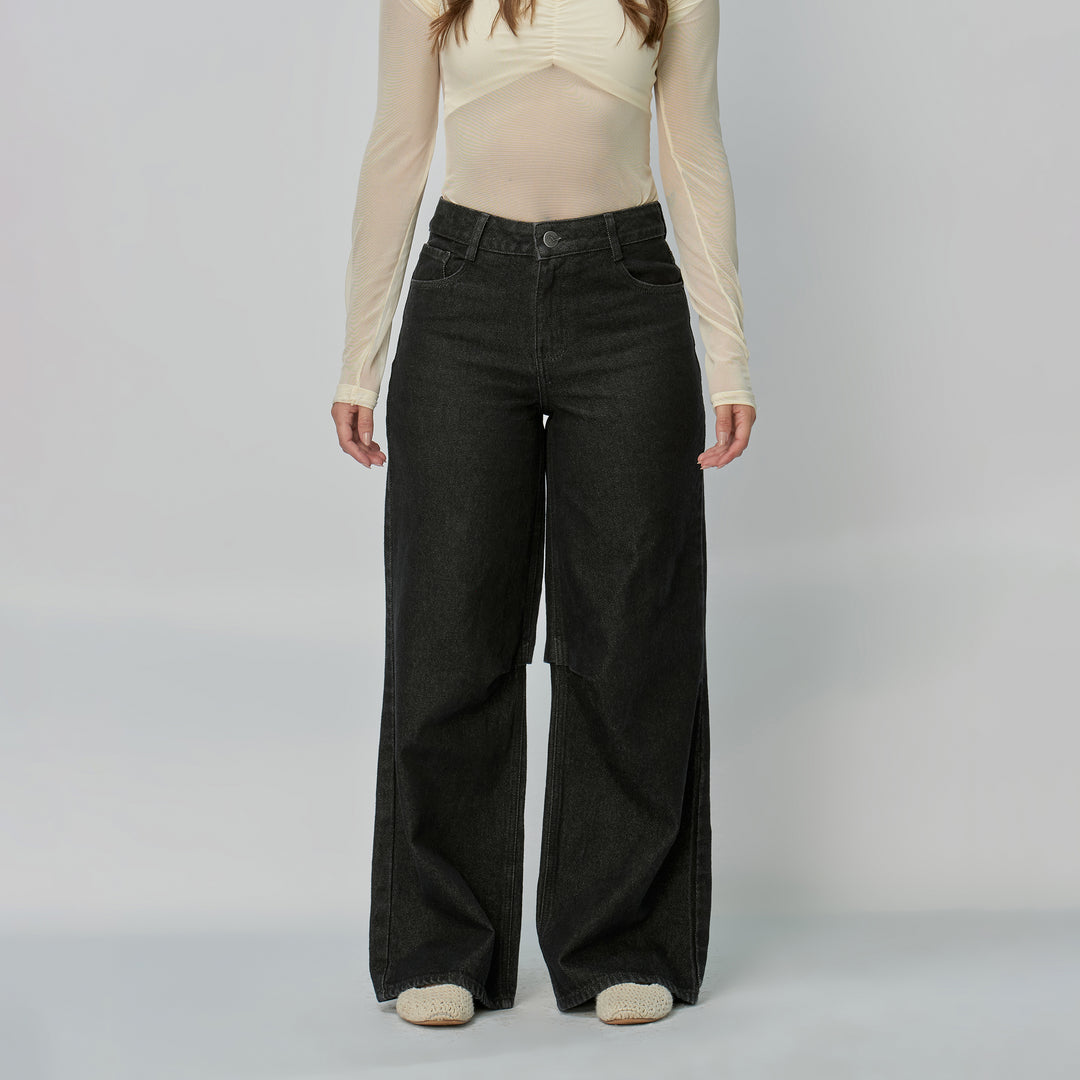 Ref: 552883 Jean dama Wide Leg tiro alto rígido con detalle de pliegue en rodilla, color Negro