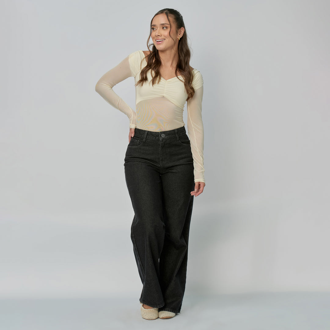 Ref: 552883 Jean dama Wide Leg tiro alto rígido con detalle de pliegue en rodilla, color Negro