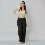 Ref: 552883 Jean dama Wide Leg tiro alto rígido con detalle de pliegue en rodilla, color Negro
