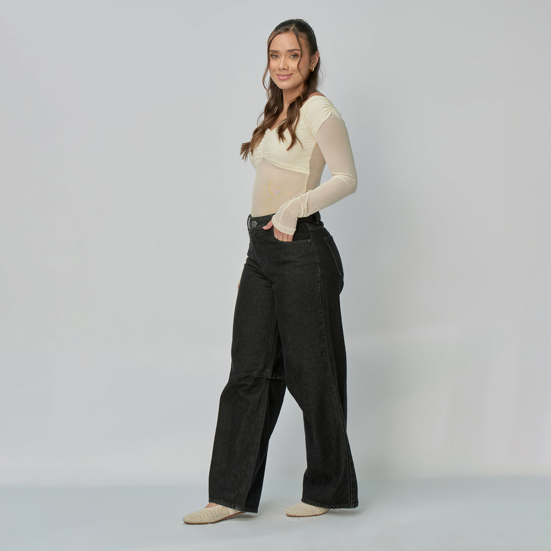 Ref: 552883 Jean dama Wide Leg tiro alto rígido con detalle de pliegue en rodilla, color Negro