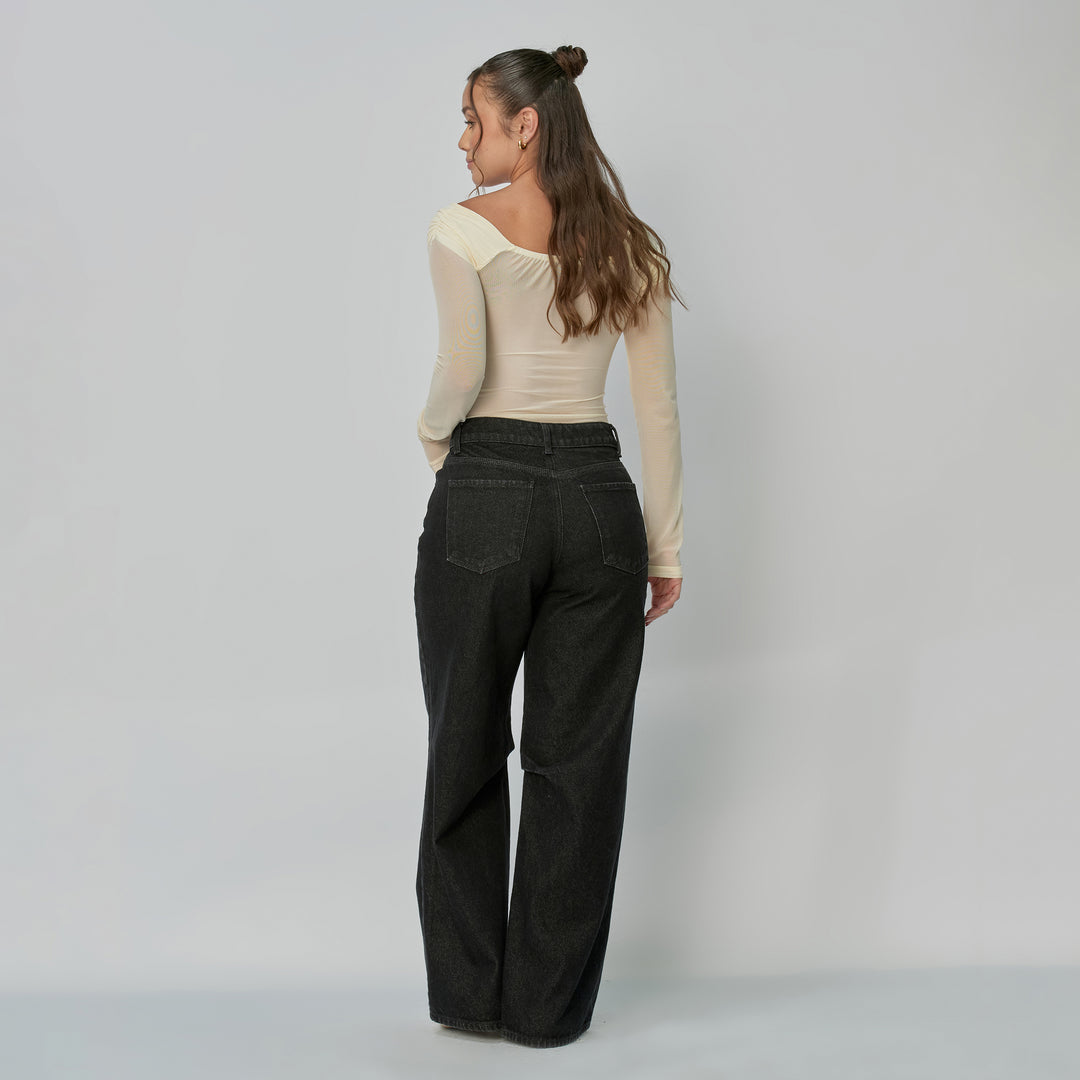 Ref: 552883 Jean dama Wide Leg tiro alto rígido con detalle de pliegue en rodilla, color Negro