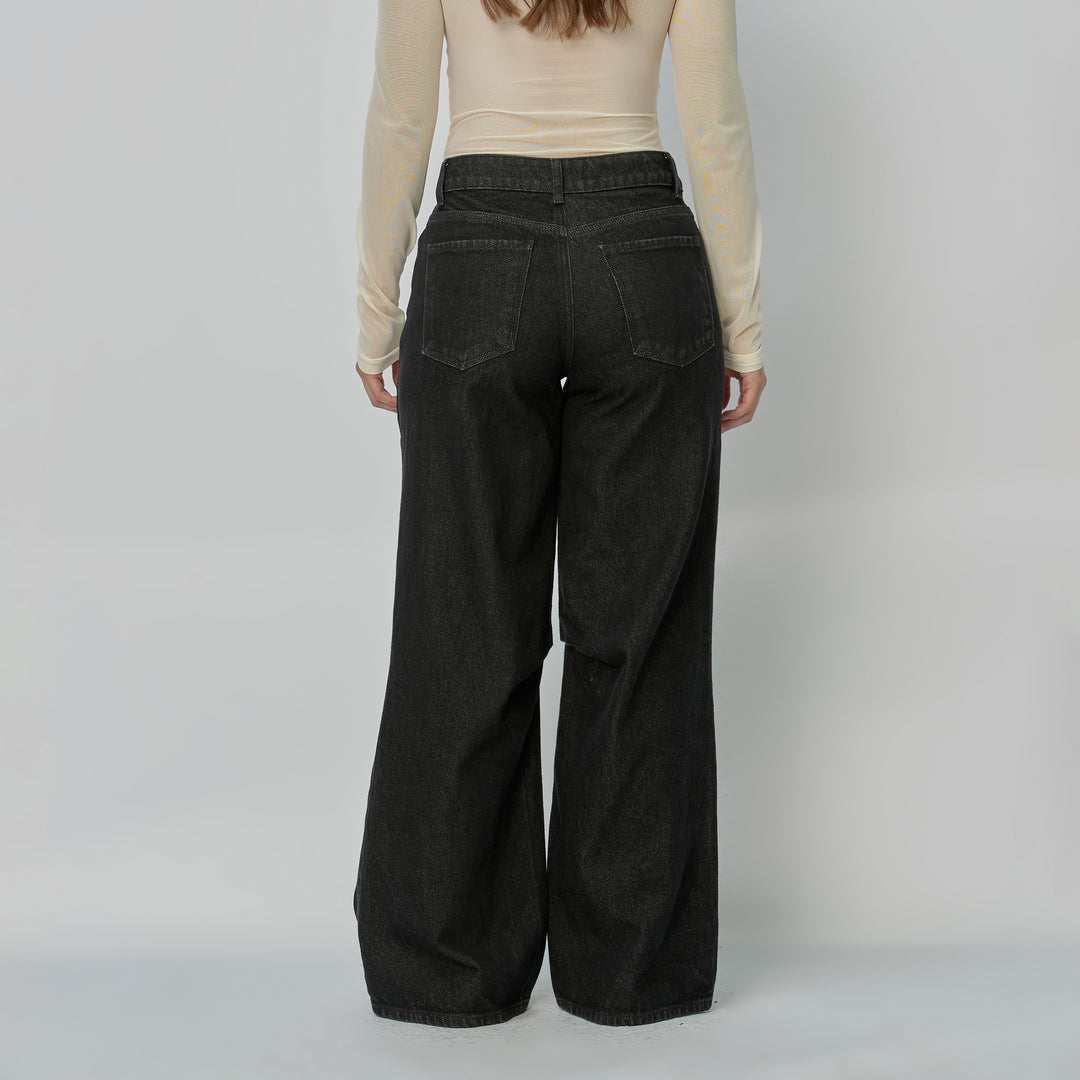Ref: 552883 Jean dama Wide Leg tiro alto rígido con detalle de pliegue en rodilla, color Negro