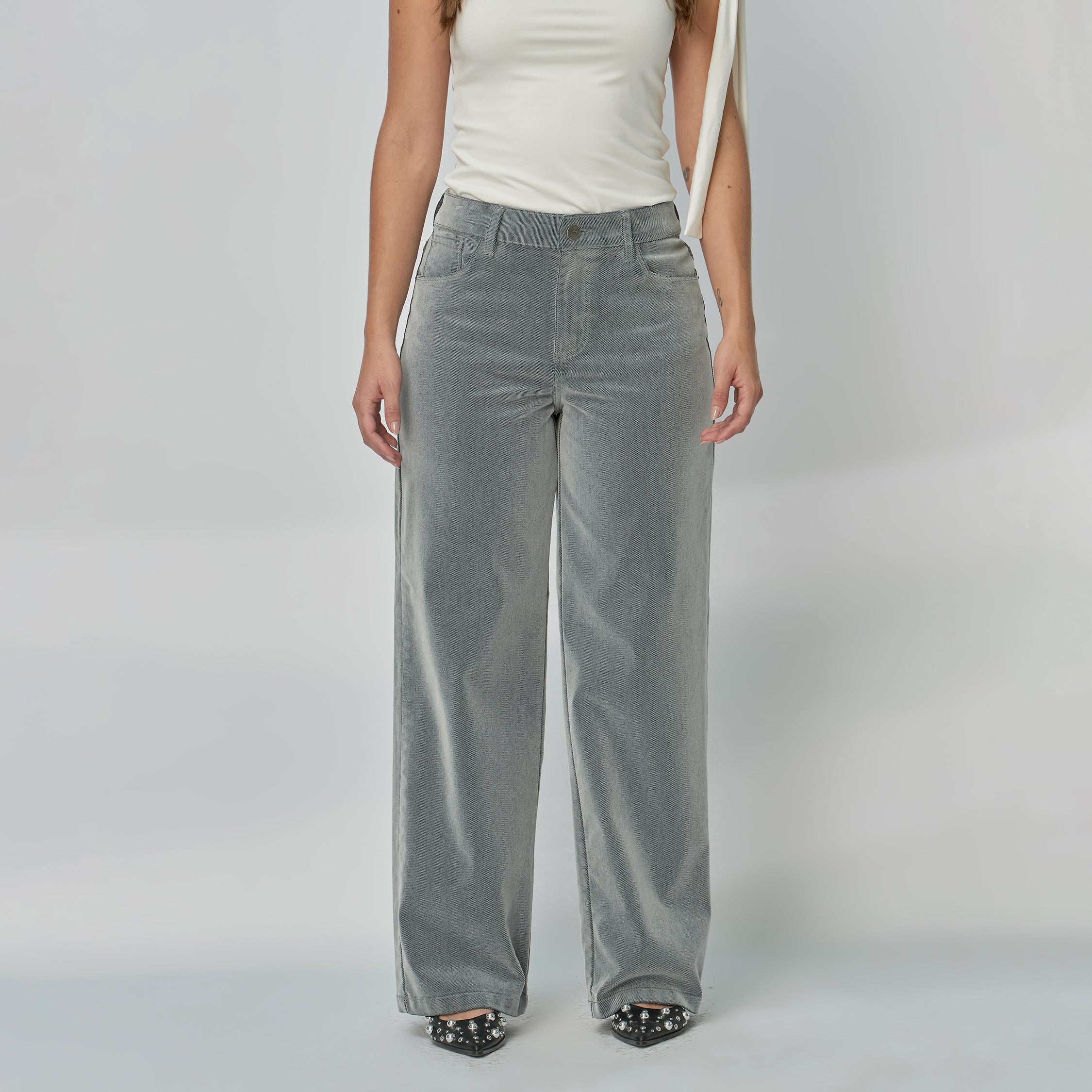Ref: 552940 Jean dama Wide Leg tiro alto rígido tela Velvet, color Gris