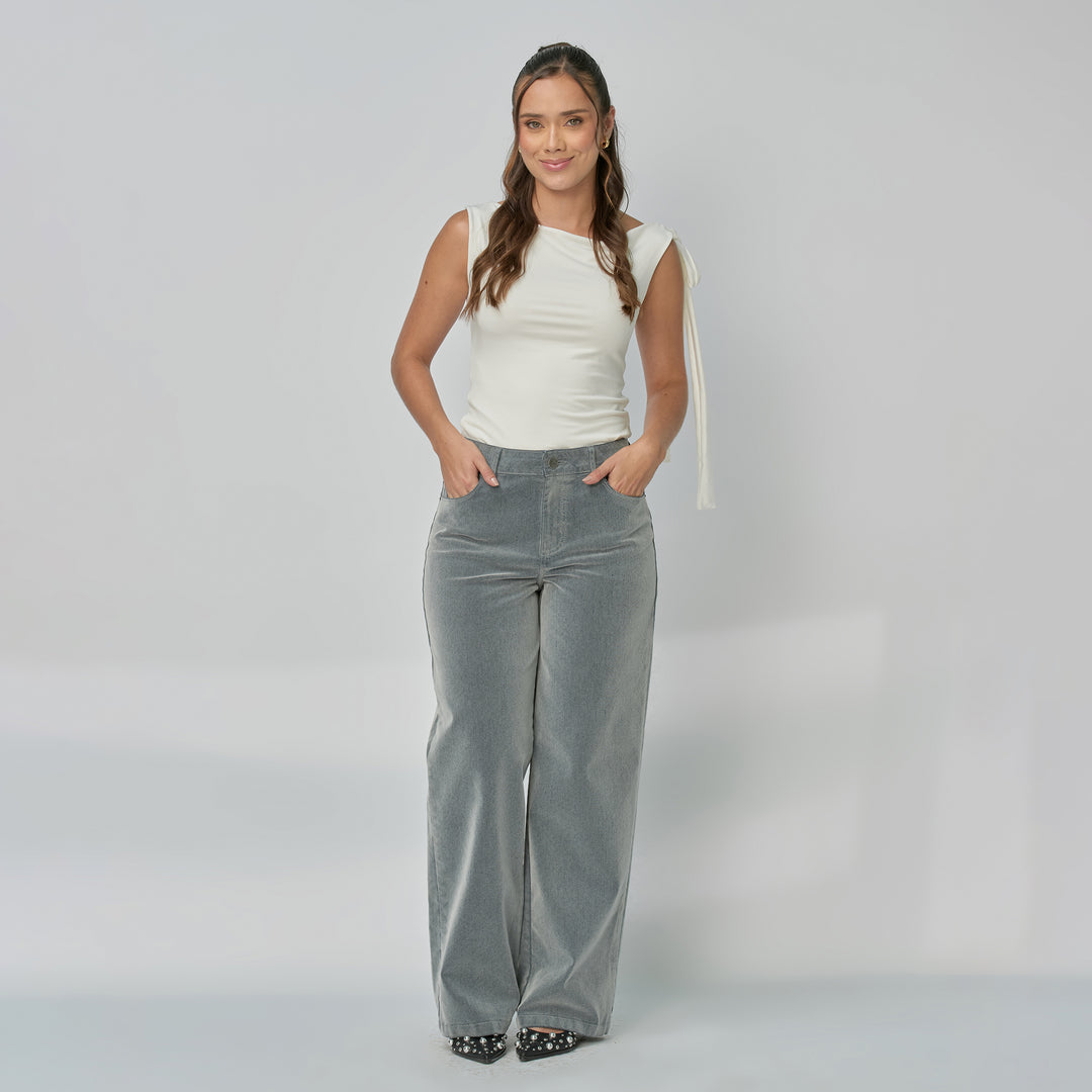 Ref: 552940 Jean dama Wide Leg tiro alto rígido tela Velvet, color Gris