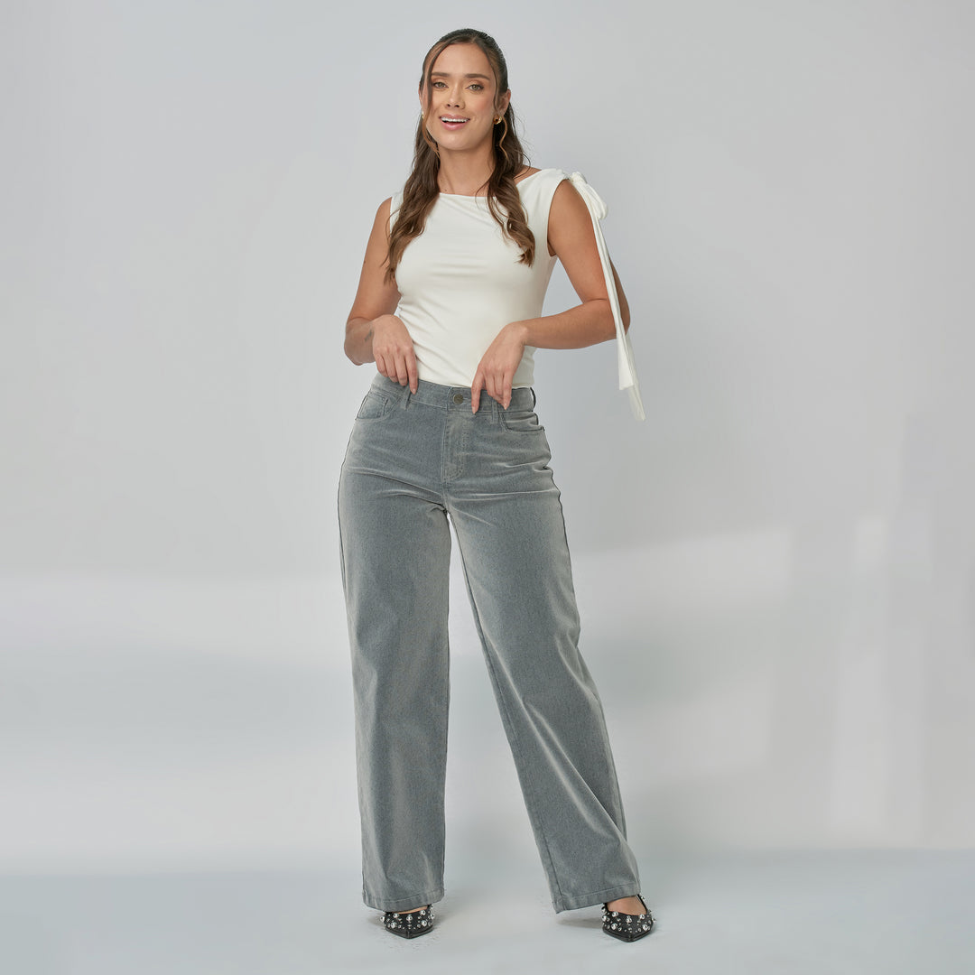 Ref: 552940 Jean dama Wide Leg tiro alto rígido tela Velvet, color Gris