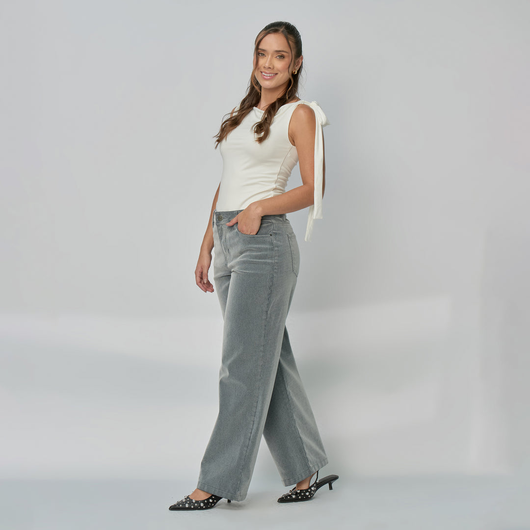 Ref: 552940 Jean dama Wide Leg tiro alto rígido tela Velvet, color Gris