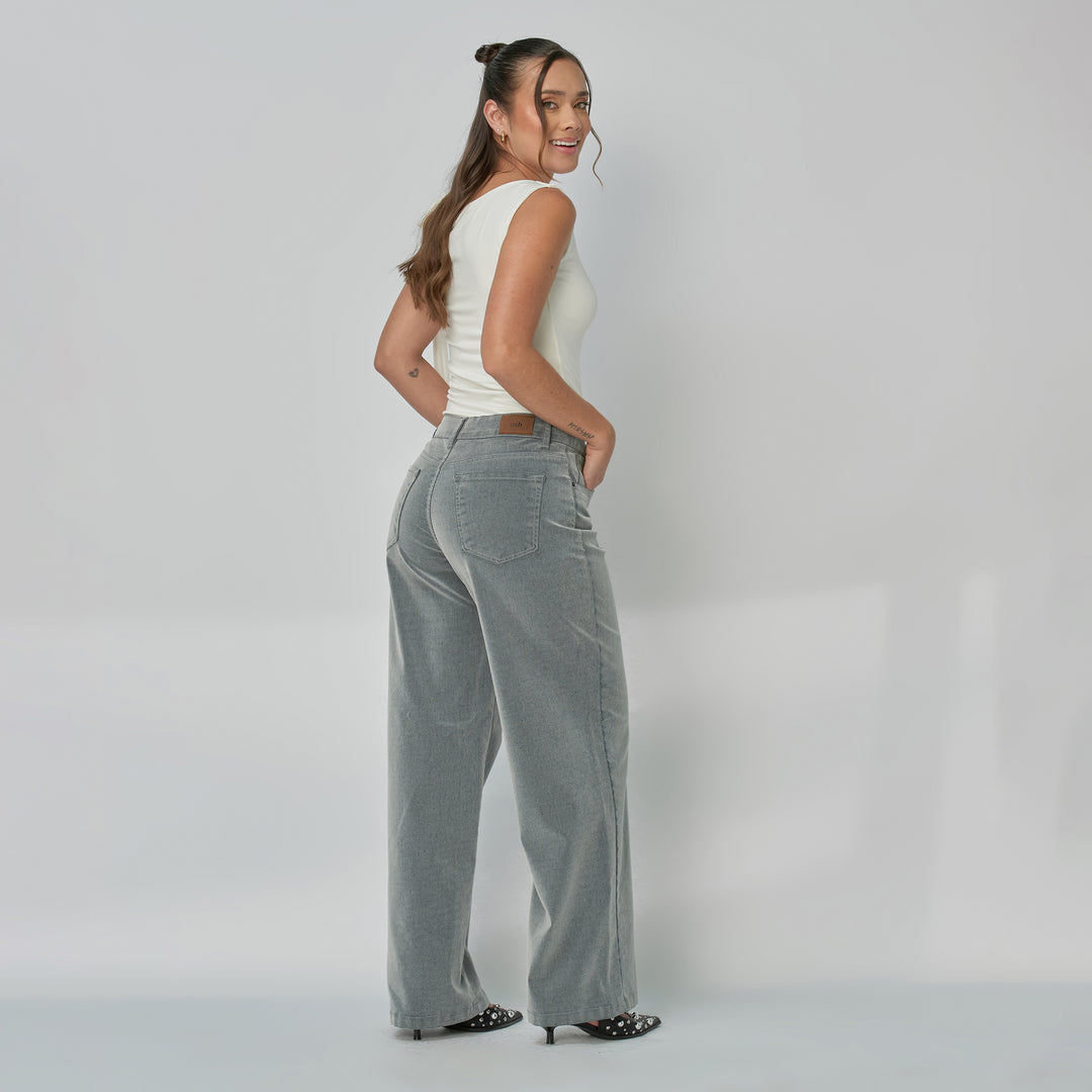 Ref: 552940 Jean dama Wide Leg tiro alto rígido tela Velvet, color Gris