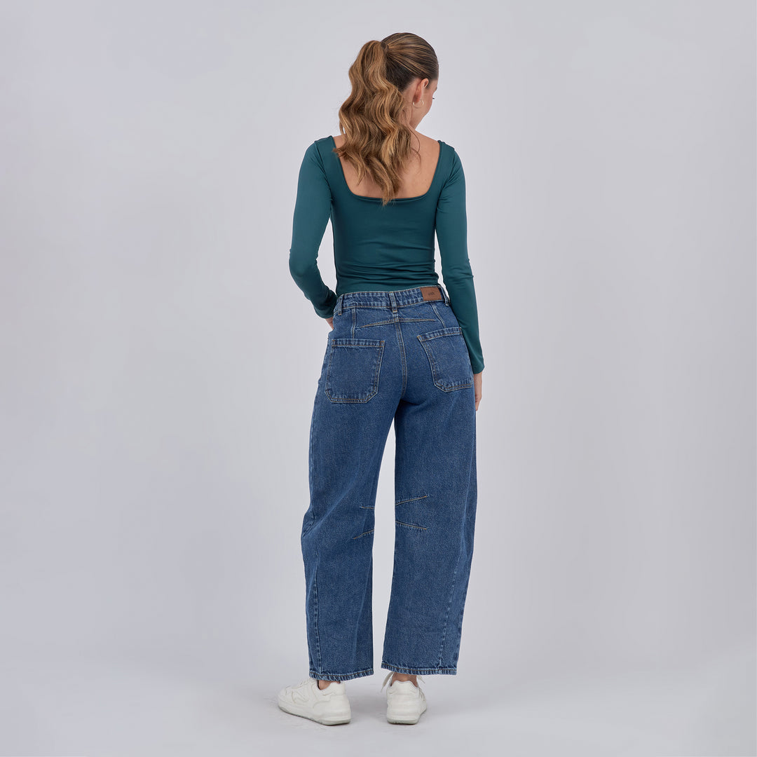REF: 552890 Jean dama Barrel Straight rígido con detalle de costuras, color Azul medio