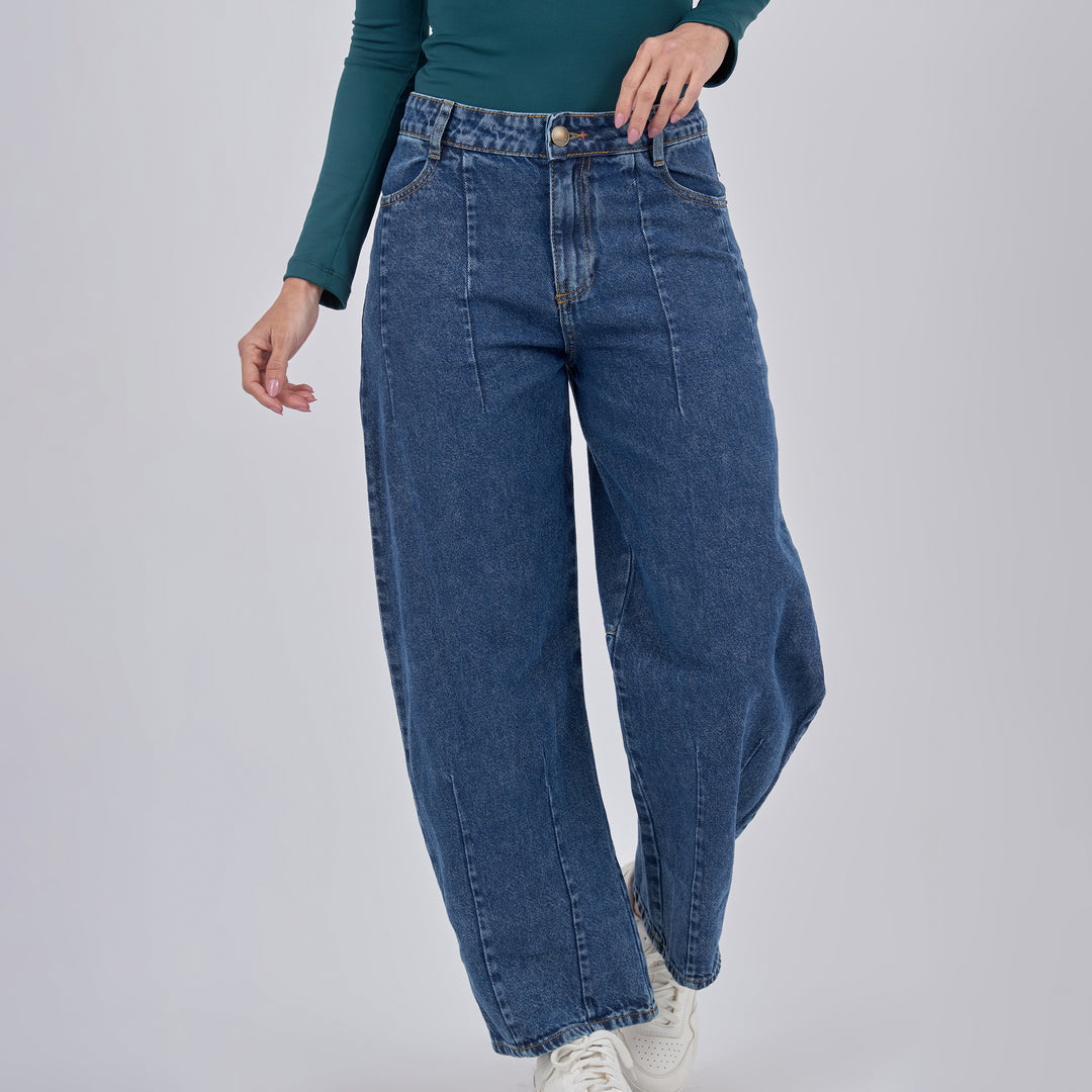 REF: 552890 Jean dama Barrel Straight rígido con detalle de costuras, color Azul medio