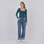 Ref: 552861 Jean dama straight tiro alto rígido, color Azul claro