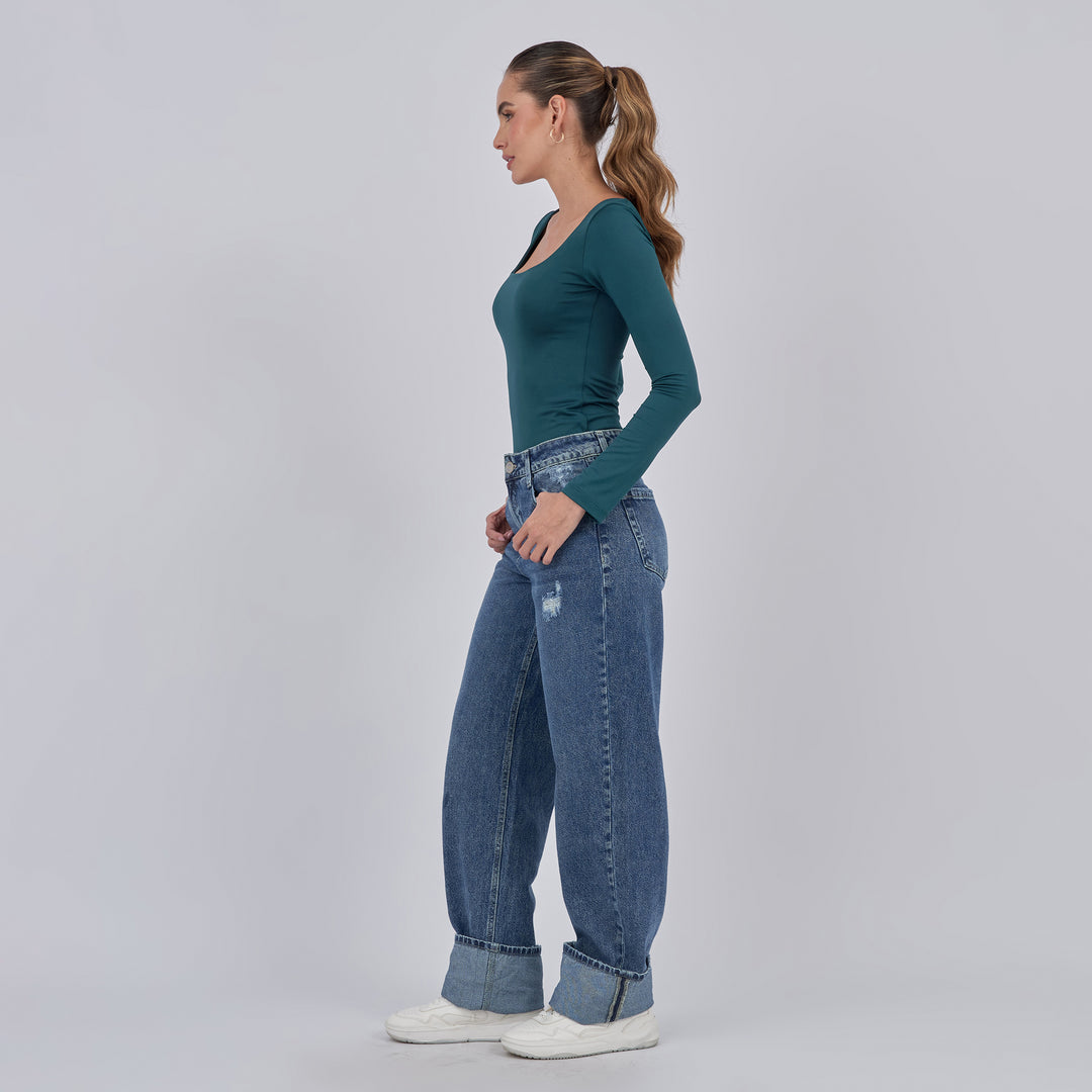 Ref: 552861 Jean dama straight tiro alto rígido, color Azul claro