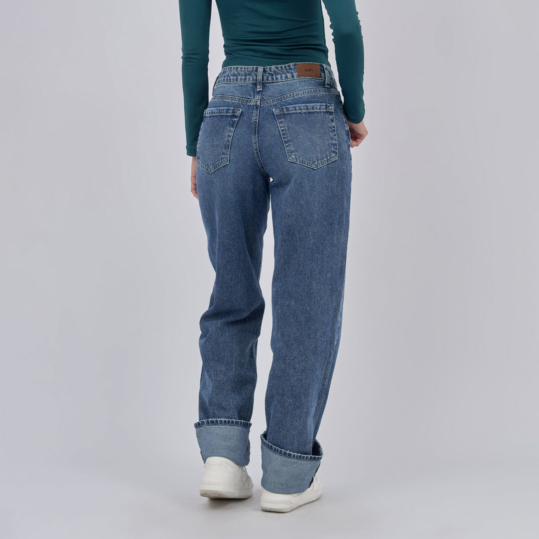 Ref: 552861 Jean dama straight tiro alto rígido, color Azul claro