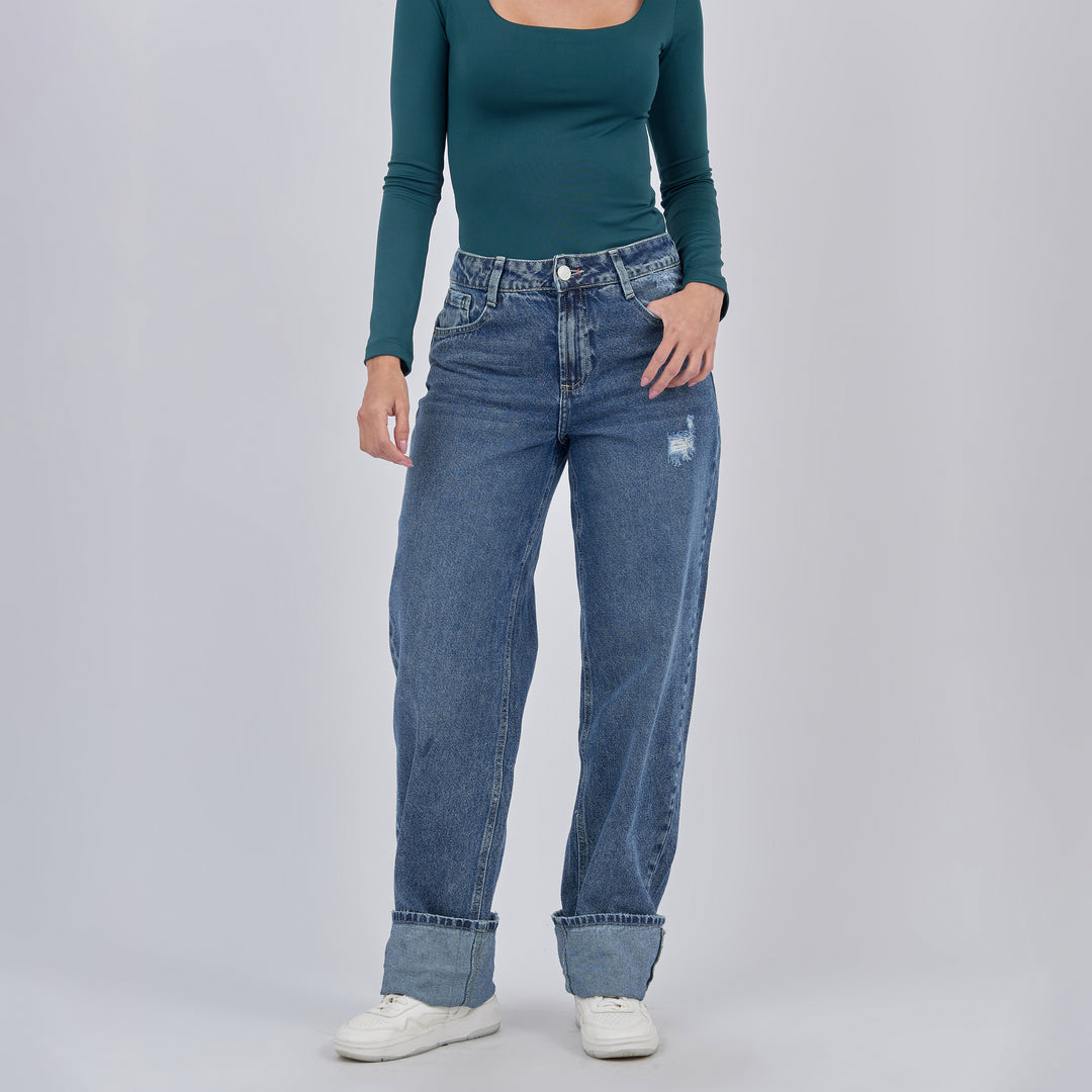 Ref: 552861 Jean dama straight tiro alto rígido, color Azul claro