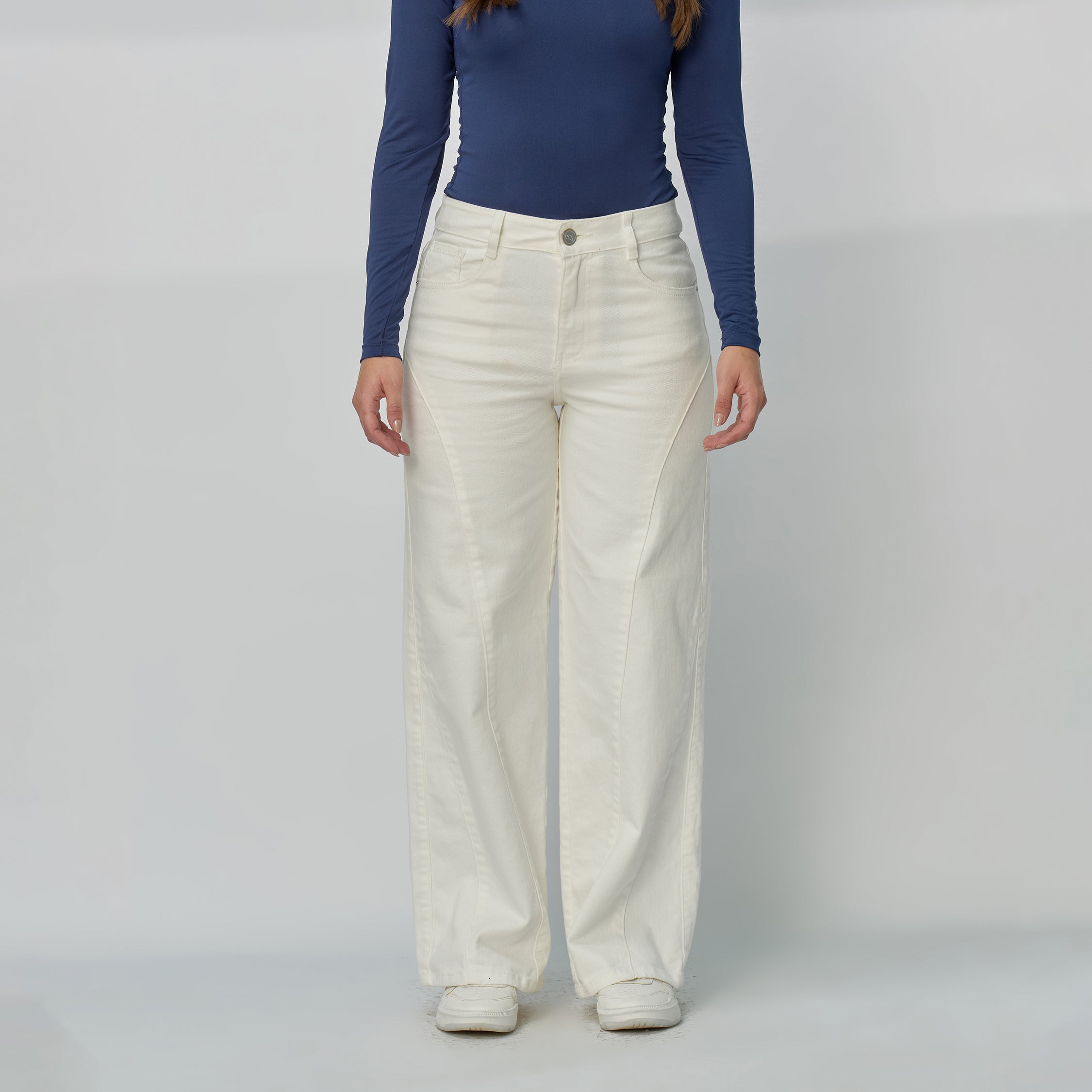 Ref: 552936 Jean dama Wide Leg tiro alto licrado con detalle de costuras, color Ivory