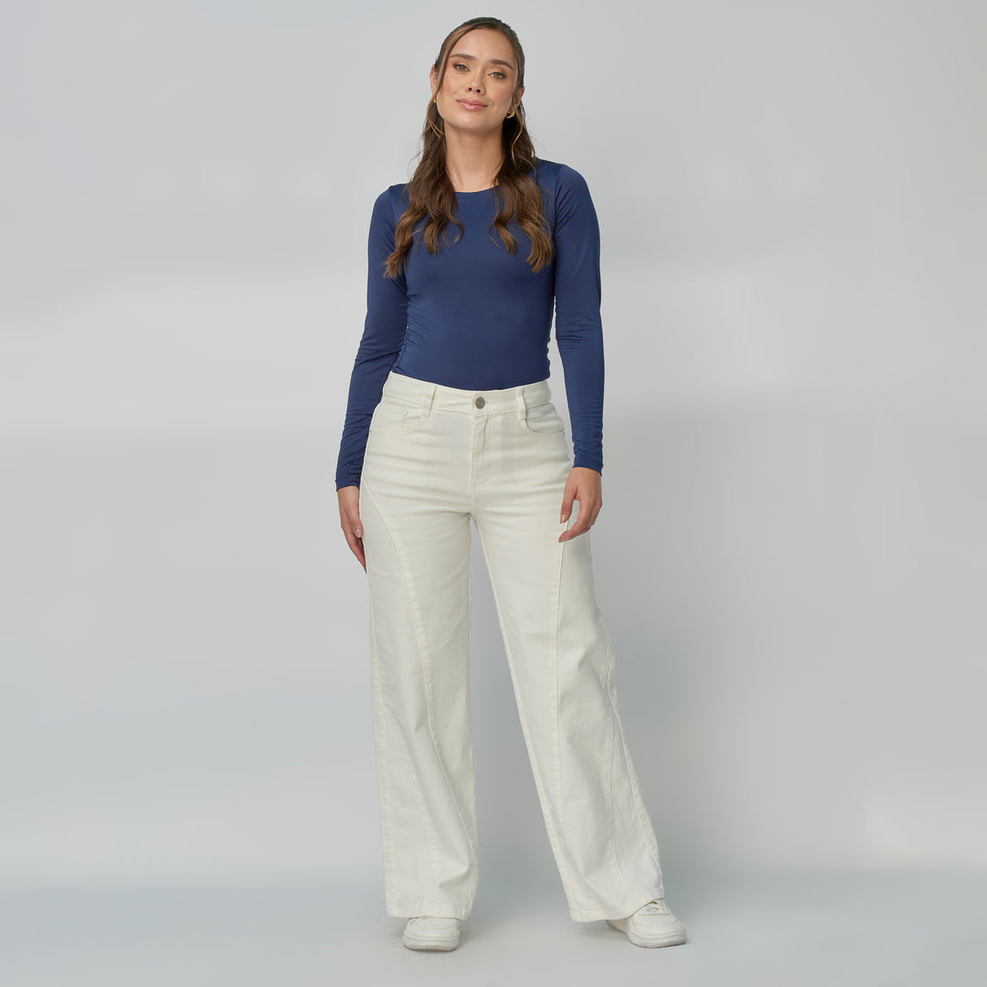 Ref: 552936 Jean dama Wide Leg tiro alto licrado con detalle de costuras, color Ivory