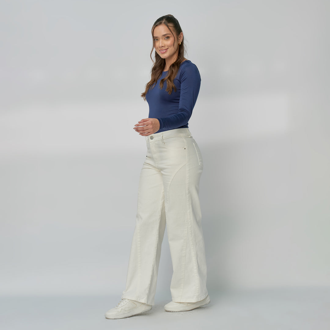 Ref: 552936 Jean dama Wide Leg tiro alto licrado con detalle de costuras, color Ivory
