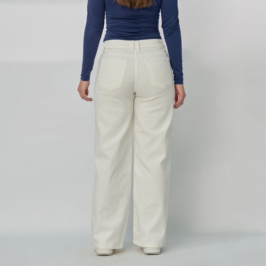Ref: 552936 Jean dama Wide Leg tiro alto licrado con detalle de costuras, color Ivory