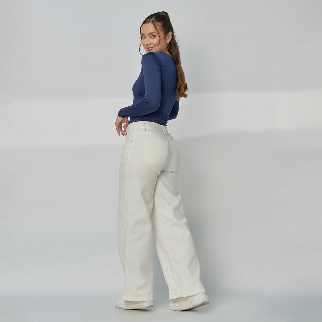 Ref: 552936 Jean dama Wide Leg tiro alto licrado con detalle de costuras, color Ivory