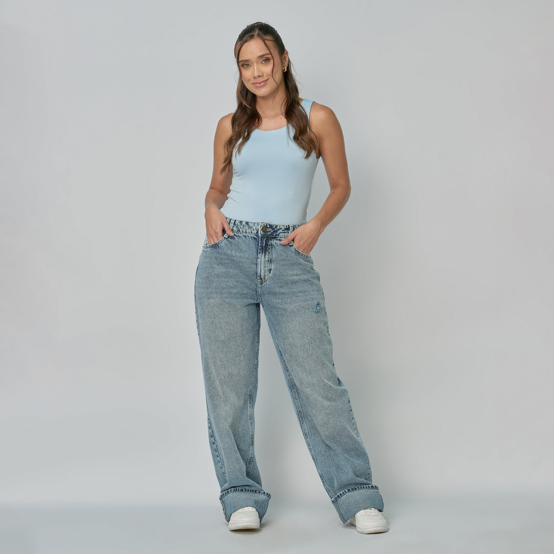 Ref: 552861 Jean dama straight tiro alto rígido, color Azul claro
