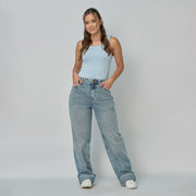 Ref: 552861 Jean dama straight tiro alto rígido, color Azul claro
